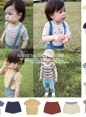 ins款 儿童 针织 T恤 女童 北欧 条纹 短袖 男童 短裤 fub亲子25