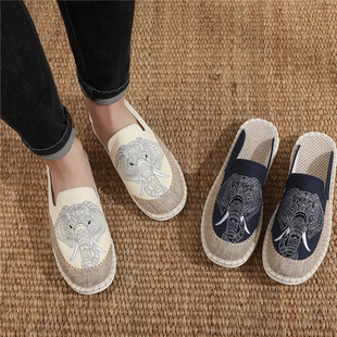 2025男款大象刺绣民族风手工鞋新款夏季透气休闲半包拖鞋汉服男鞋