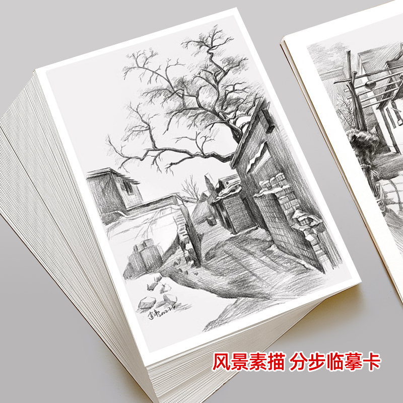 风景画临摹卡画室培训教学卡分步骤32张加厚艺术基础素描学习入门