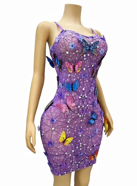 紫色钻石立体蝴蝶裙吊带修身美式甜心海边度假派对聚会晚礼服