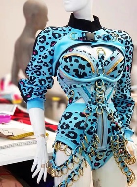 酒吧Gogo蓝色豹纹绑带环扣比基尼性感ds夜店作秀演出服