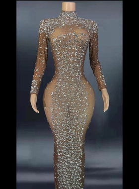 生日礼物亚马逊热卖闪耀红色彩钻性感晚礼服主持服网纱时尚长裙