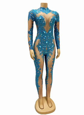 演出服蓝色闪钻假裸假露肉色连体夜场酒吧嘉宾歌手模特DS舞队GOGO