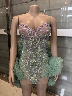 绿色钻石礼服彩钻抹胸鱼骨蓬蓬连衣裙女团商演打歌舞蹈直播演出服