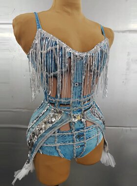 夜店酒吧女亮片流苏3d假漏肉牛仔印花小飞裙女歌手演唱会服装