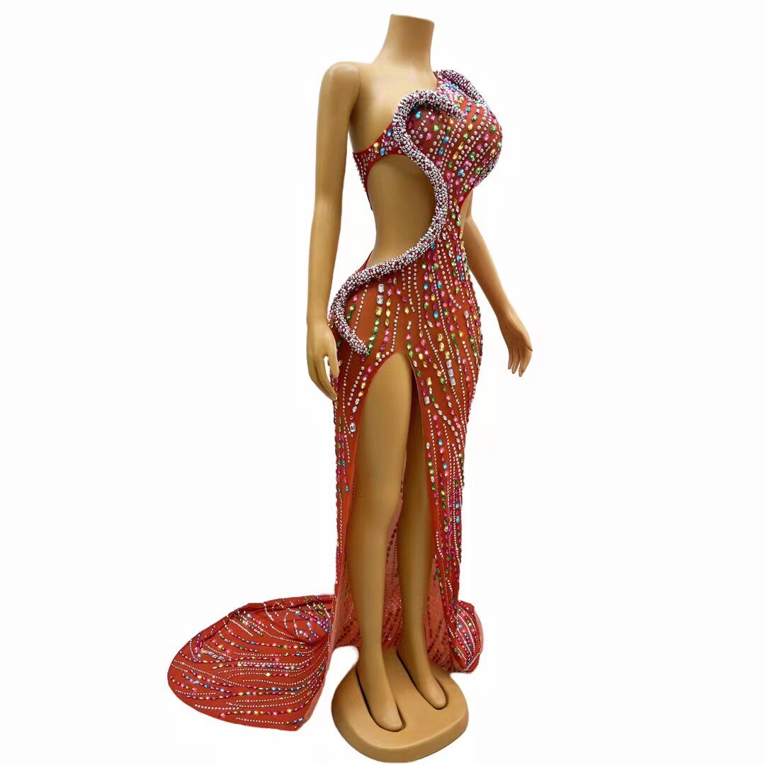 演出服气质名媛无袖宴会单肩露腰高开叉性感钻石欧美晚礼服