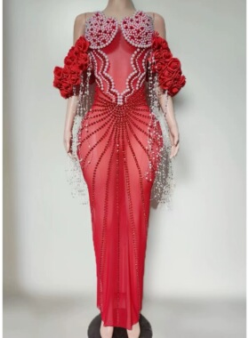 dress欧美新款红色披风花朵珠绣礼服年会红毯派对艺考独唱晚礼服