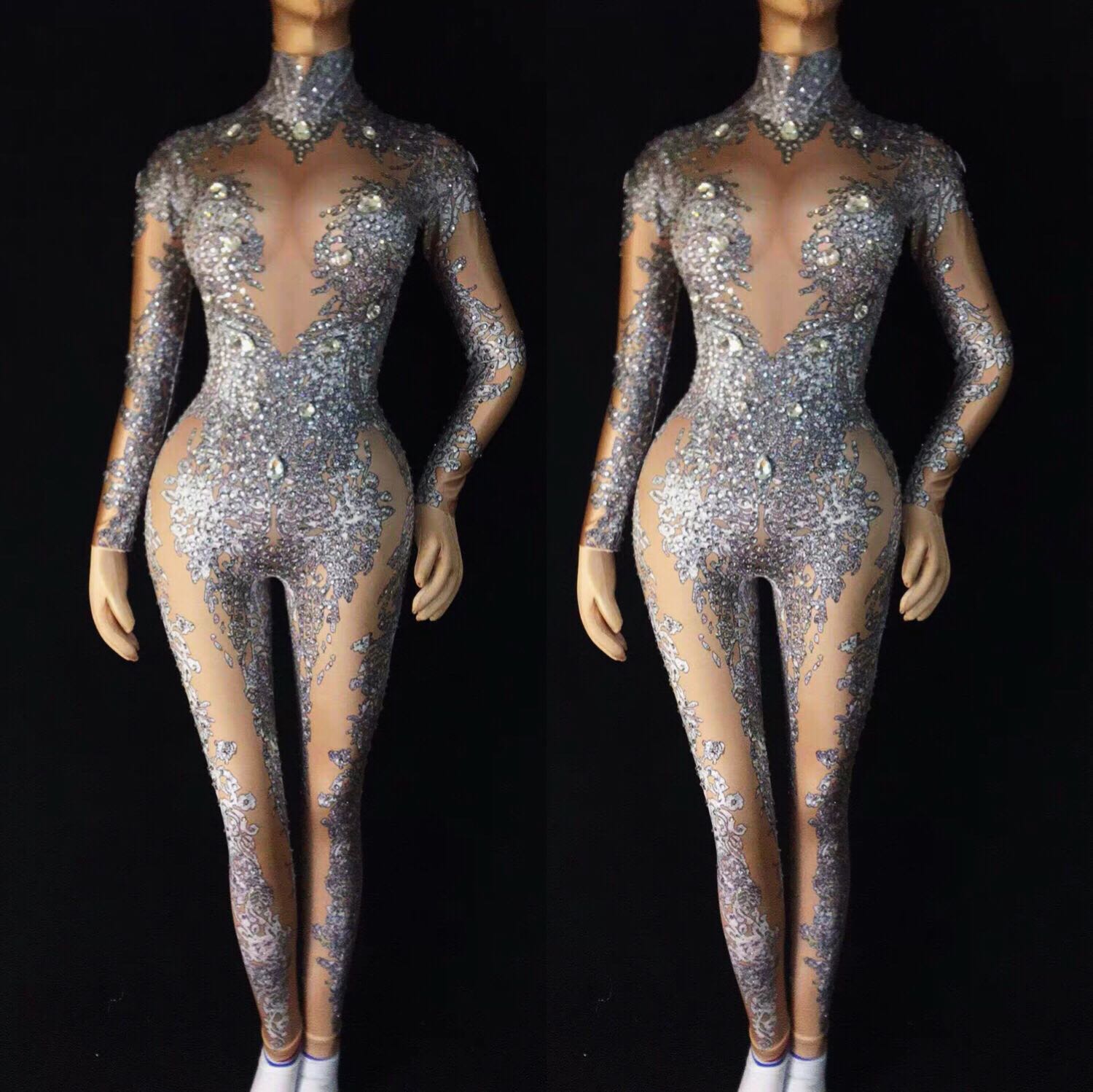 奥斯卡gogo女歌DjDs舞台服钢管性感假透肉烫钻印花白连体演出服装