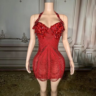 时尚经典正红色水晶链条性感露背挂脖连衣裙晚会颁奖典礼敬酒礼服