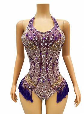 紫色满钻露背款高叉连体酒吧夜场夜店DJ舞台歌手嘉宾GOGO演出连体