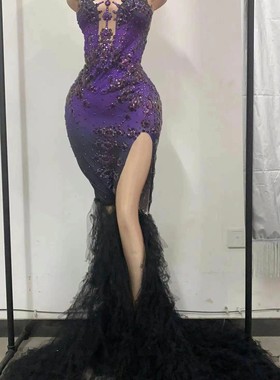 紫色钻石晚礼服高开叉拖尾纱裙礼服舞台演出服聚年会主持人礼服