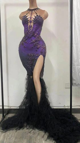 紫色钻石晚礼服高开叉拖尾纱裙礼服舞台演出服聚年会主持人礼服