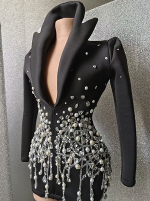 跨境热卖重工珍珠镶钻西装连衣裙欧美时尚派对礼服裙costume