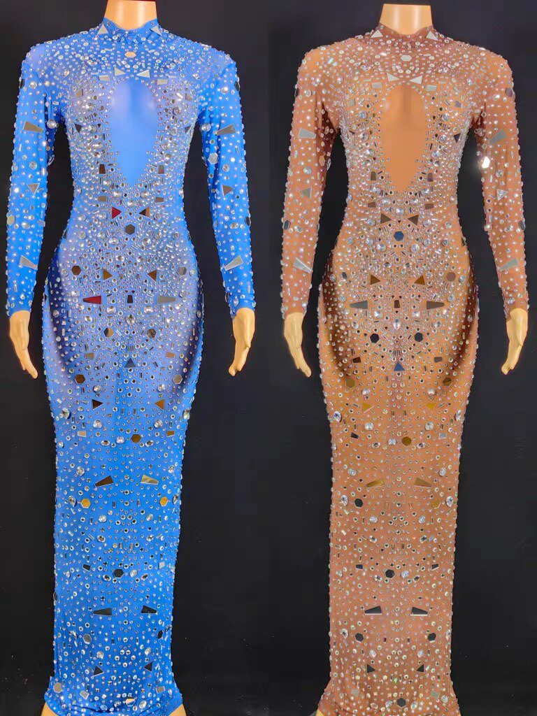 演出服夜店酒吧女歌手满钻网纱透视镂空长袖包臀长裙模特连衣裙