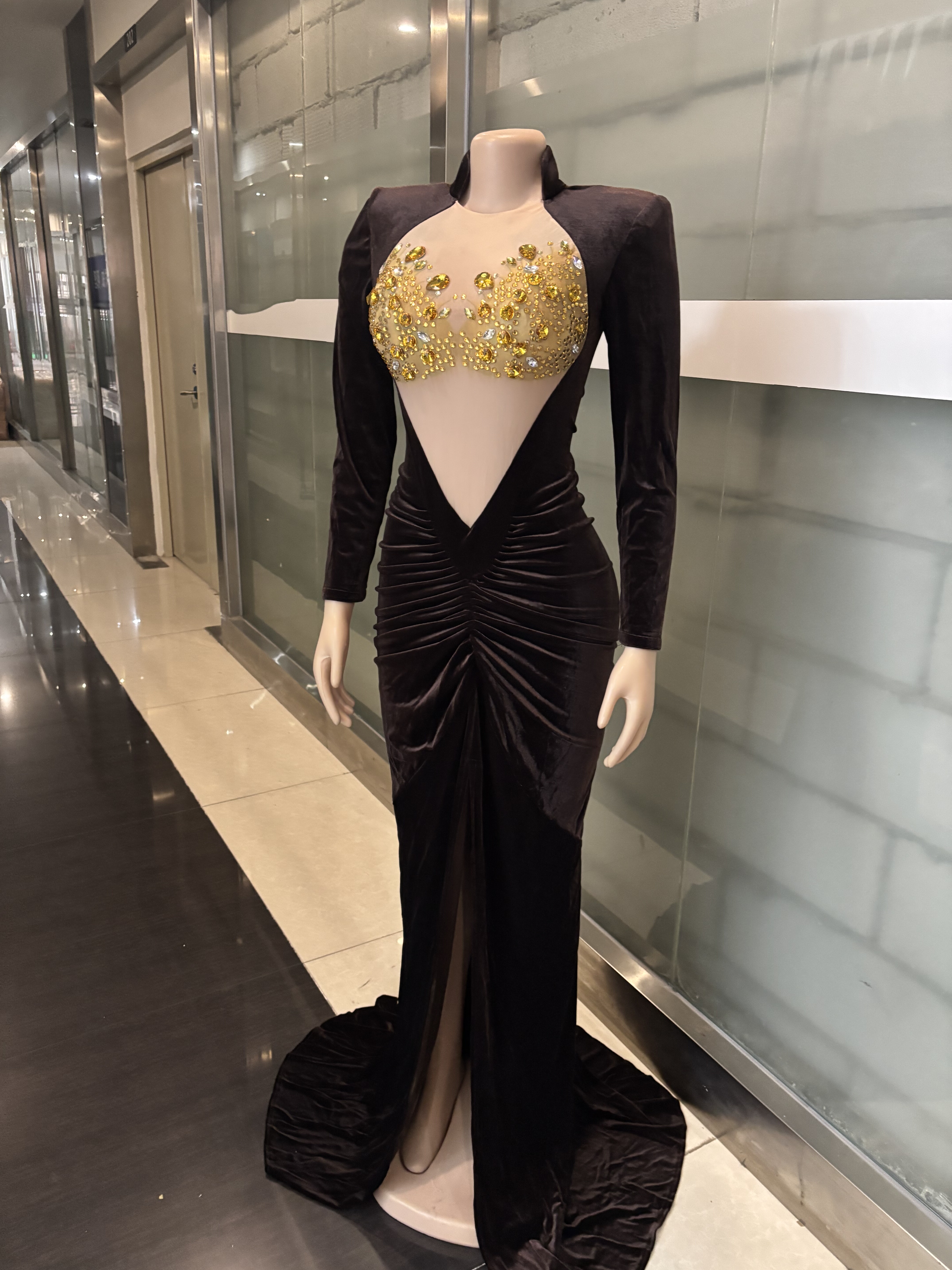 时尚女式性感高开叉晚礼服亮片天鹅绒优雅美人鱼鸡尾酒礼服