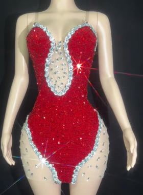 红色钻石礼服性感水钻亮片镂空连衣裙订婚宴敬酒服模特走秀晚礼裙