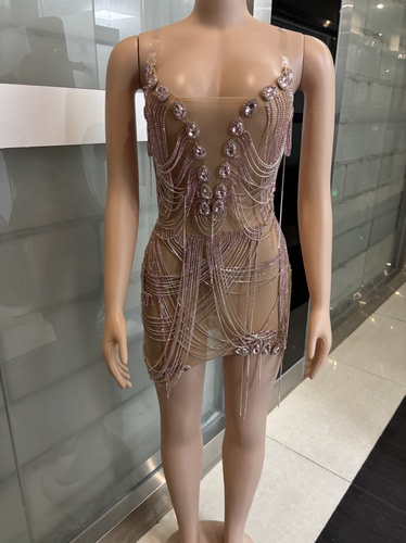 GC欧美网纱烫钻流苏透视镂空性感紧身短裙晚礼服舞台演出服xt