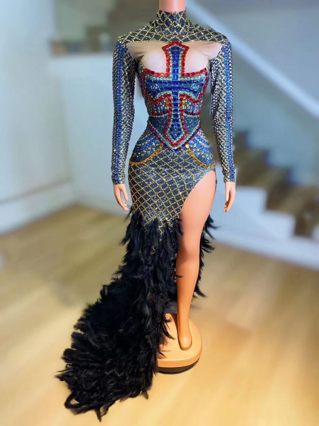 万圣节派对十字架满钻开衩拖尾长裙女歌DsDJ舞队gogo演出服