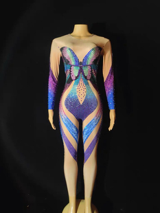 舞台演出服8开场车模走秀吊环杂技女歌dj水钻蝴蝶印花连体成人