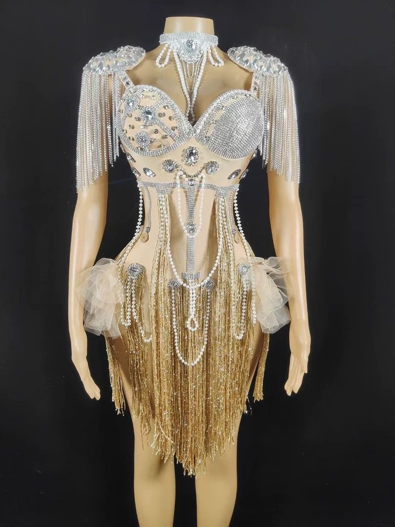 性感钻石奢华无袖露背流苏连衣裙女士优雅跳舞派对惊艳演出服