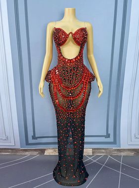红色钻石晚礼服女歌手性感连衣裙歌手主持模特走秀领奖礼服