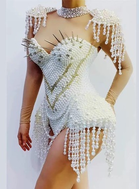 Designer Rivets Pearls Tassel Party Bodysuit Women White Sex
