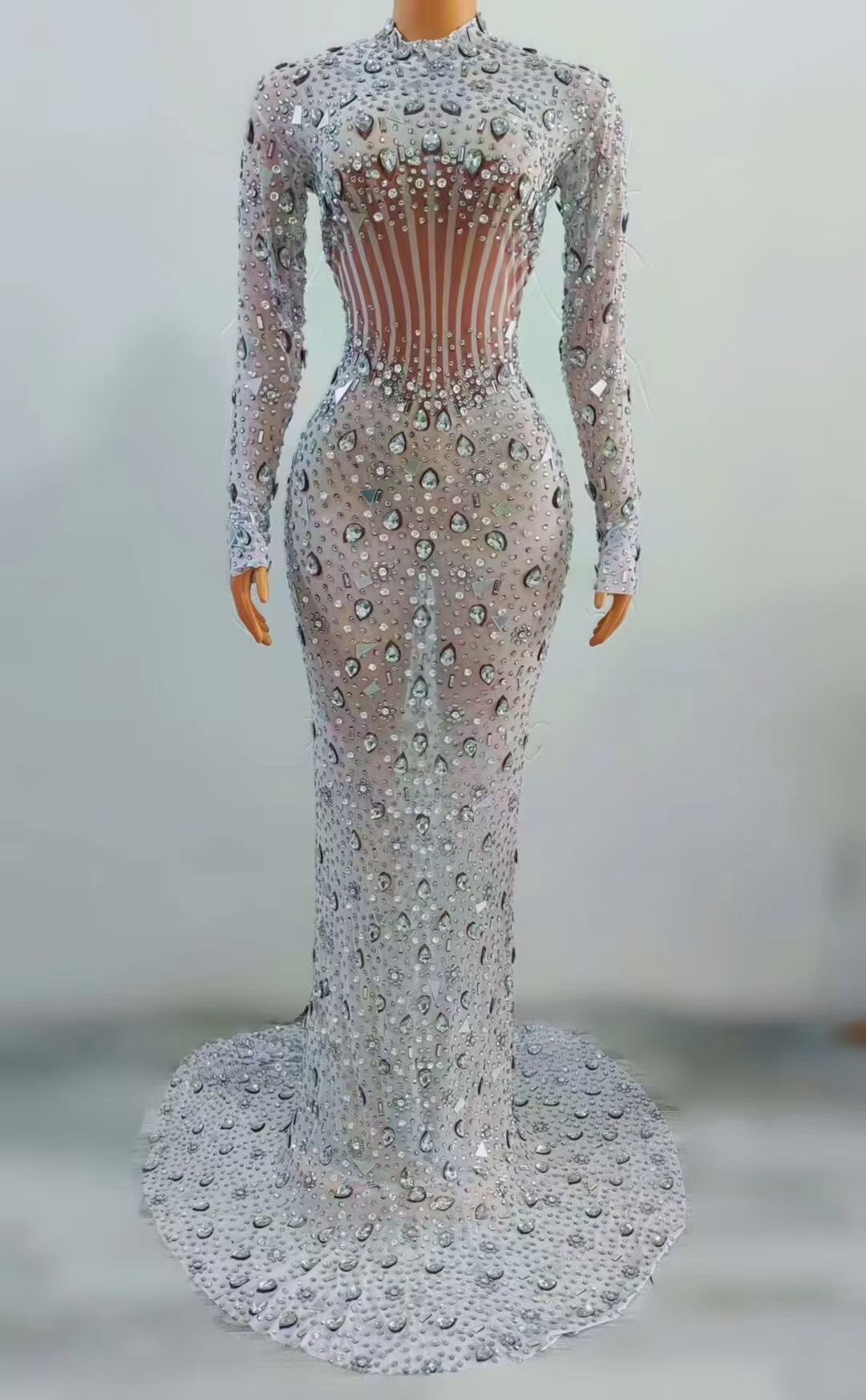演出服女歌手亮片华丽羽毛挂脖连衣裙生日派对宴会晚礼服图片