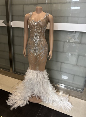 性感钻石羽毛长裙演出服带手套欧美高级银裸色闪耀星辰高级感礼服