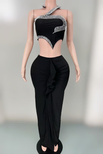 新款黑色烫钻性感露背舞会晚装歌手打歌服livehouse演出服