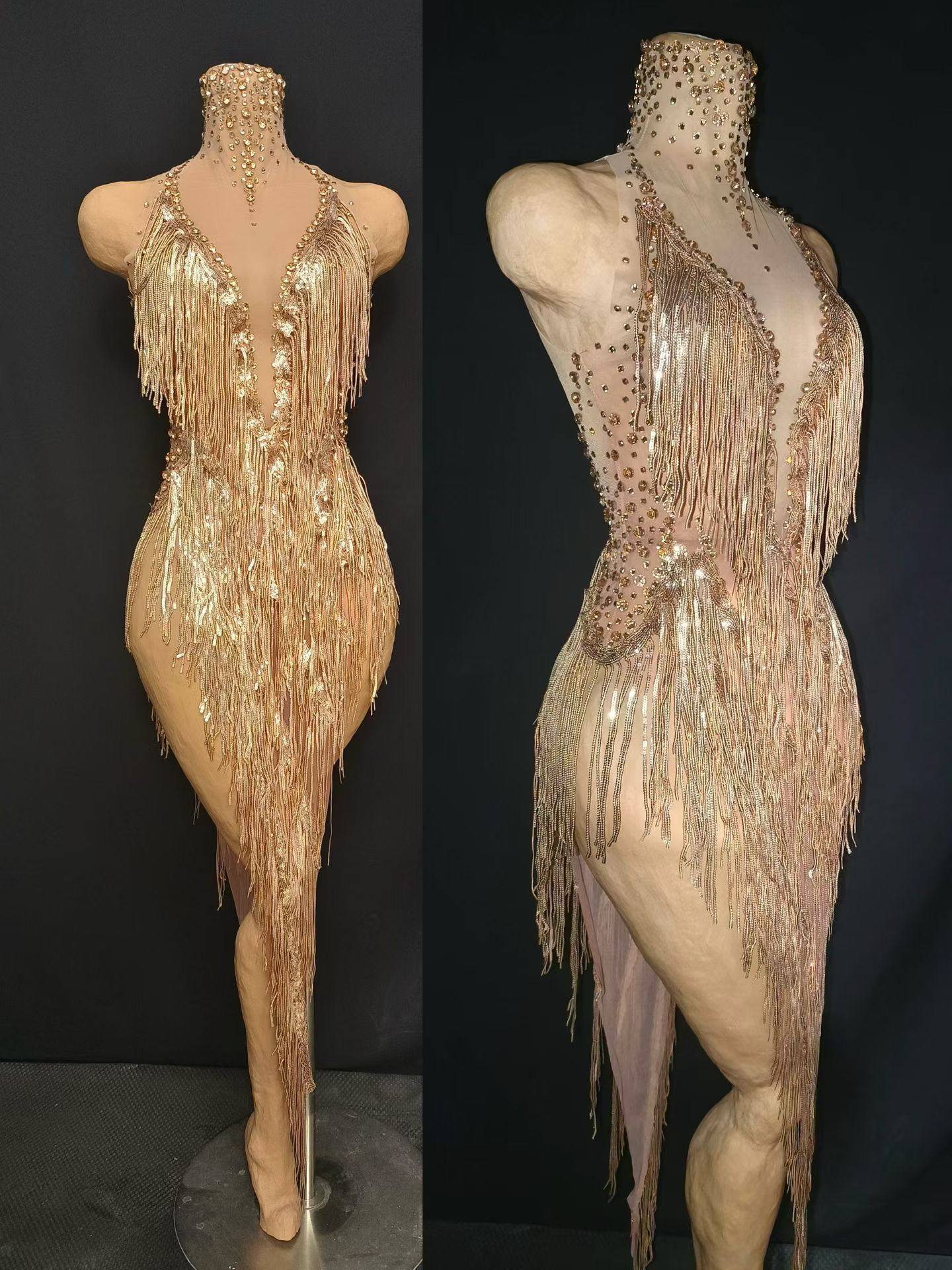 金色钻石礼服裙流苏替身水钻连衣裙老百汇歌手舞台俱乐部演出服