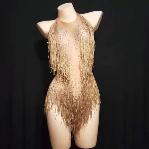 Sparkly Golden Tassel Bodysuit Women Rhinestone Outfit Glist