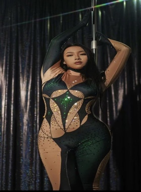亚马逊速卖通热卖绿色性感紧身连体裤女歌手钢管舞表演舞台演出服