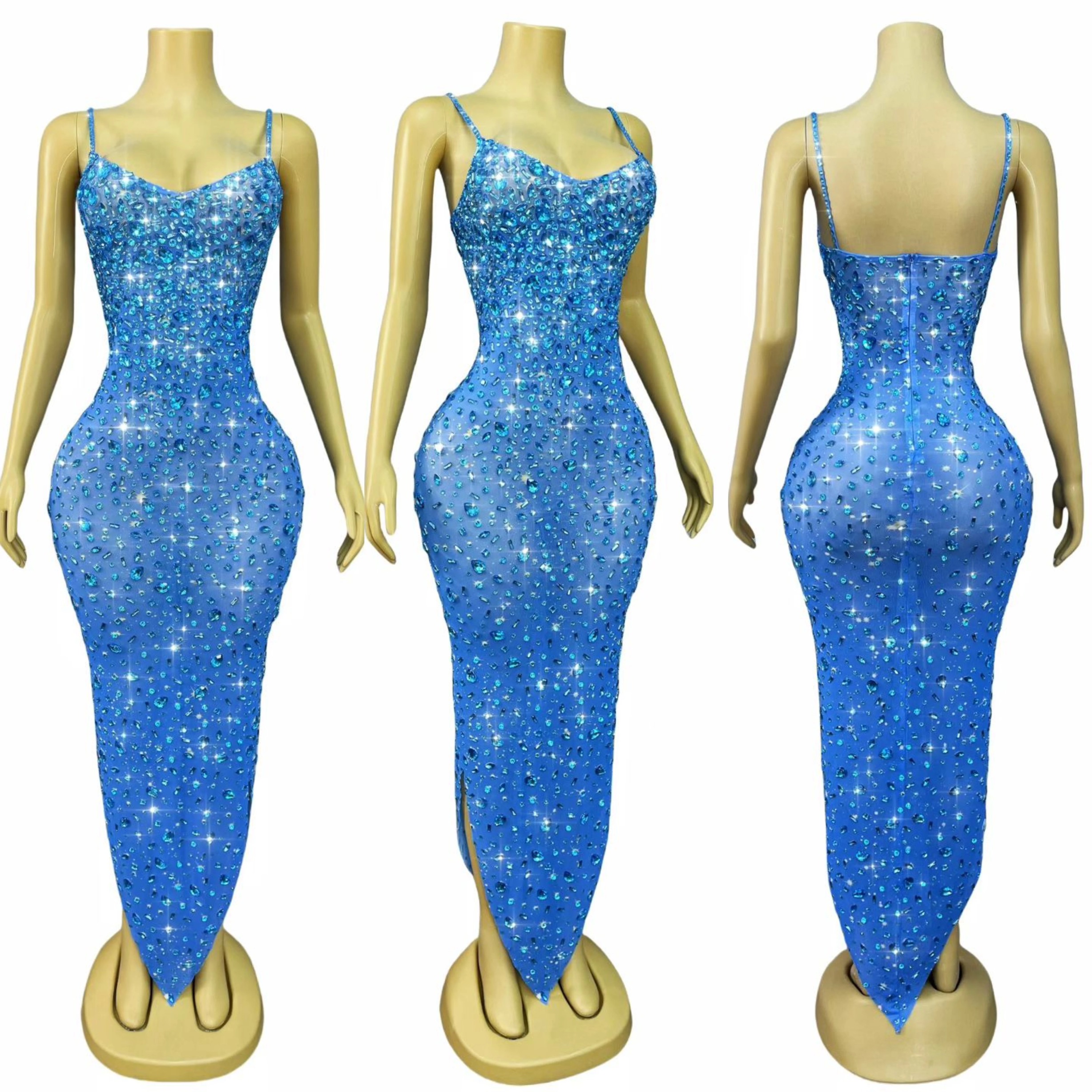 蓝色钻石礼服跨境外贸欧美女星舞台礼服长裙超闪水晶性感网纱透视