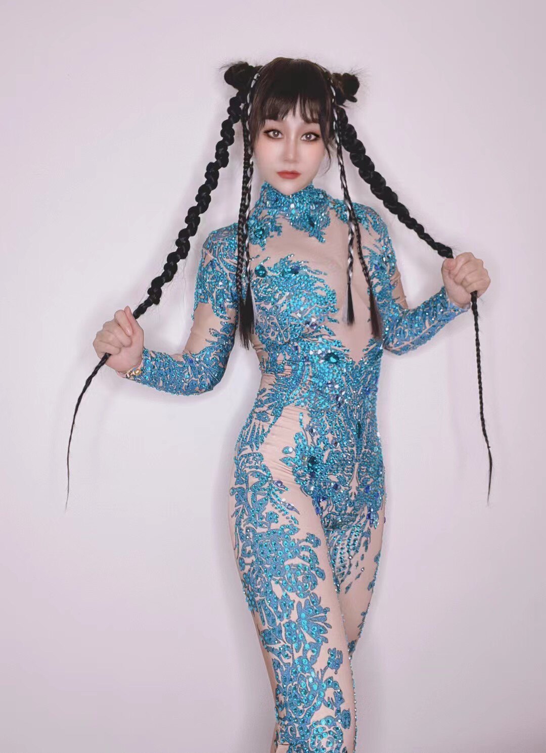 蓝色闪钻假裸假露肉色连体夜场酒吧嘉宾歌手模特DS舞队GOGO演出服