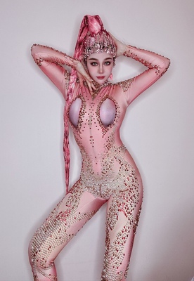 粉色吊环杂技女歌dj彩钻珍珠防冷显瘦弹力打底长连体舞台演出服