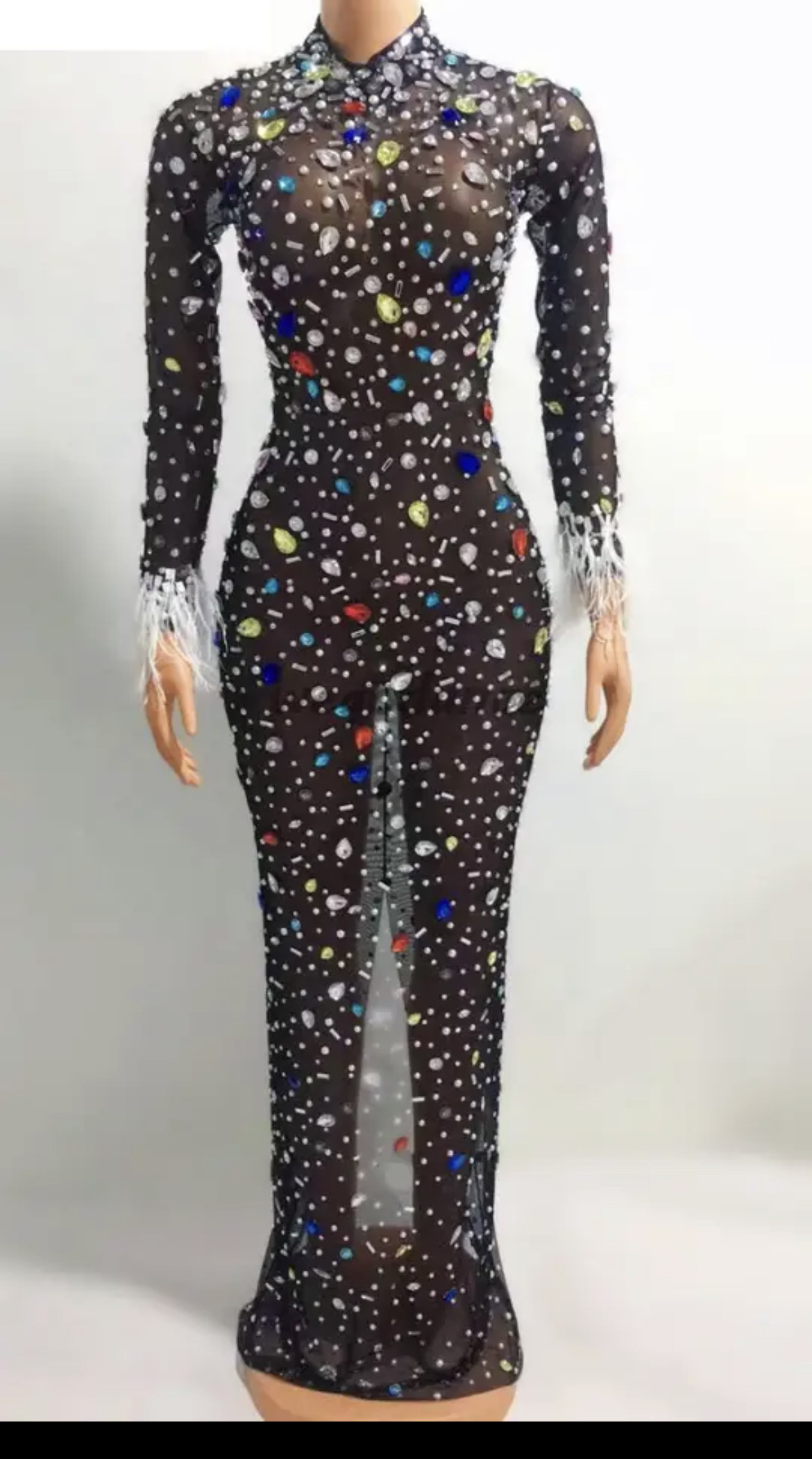 演出服满钻网纱长袖繁星修身显瘦连衣裙包臀礼服女歌手模特