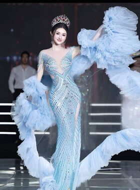 张显达同款水钻流苏鱼尾连衣裙走秀晚宴主持环球小姐大赛选美礼服
