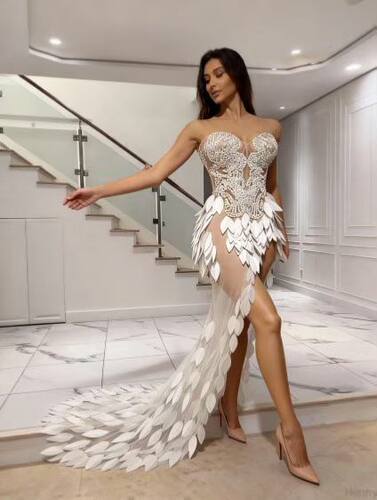 白树叶珍珠礼服裙钻亮片抹胸拖尾长裙轻婚纱订婚宴模特走秀歌手