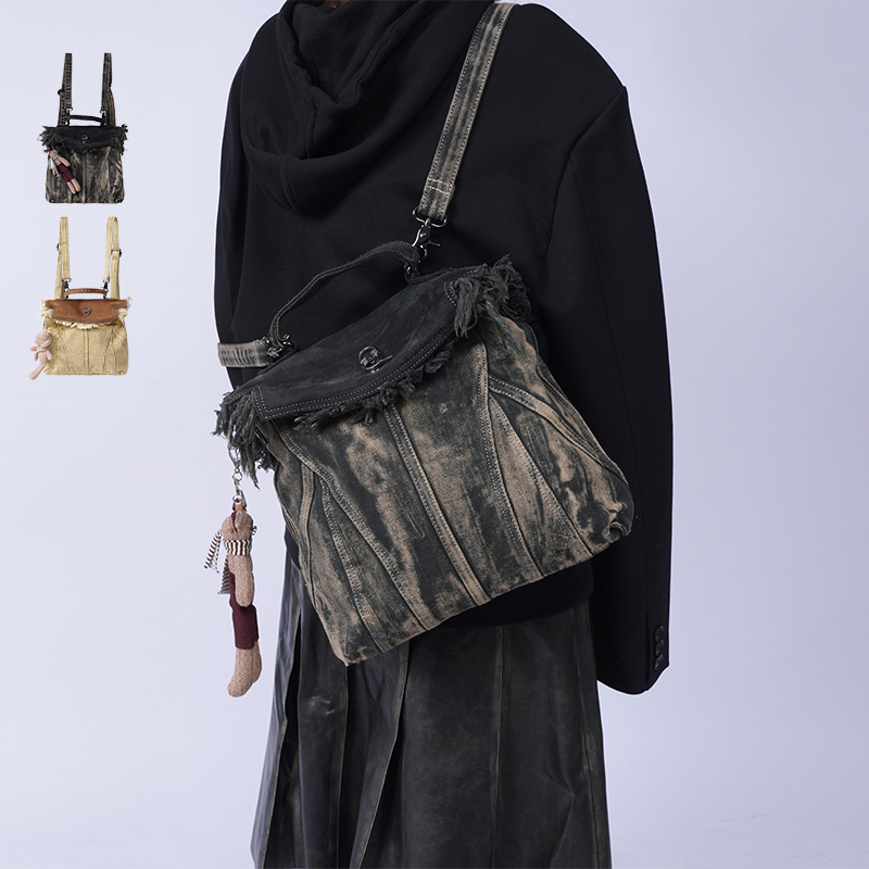 REBIRTH野生设定双肩通勤牛仔复古真皮实用书包大容量拼接流浪包