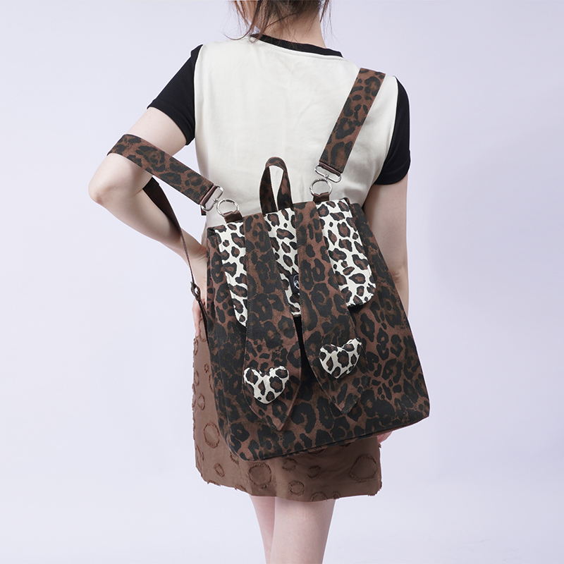 REBIRTH野生设定双肩豹纹兔子包辣妹撞色通勤牛仔实用大容量书包