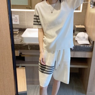 tb2025夏季运动套装华夫格短袖+短裤情侣圆领T恤两件套女潮