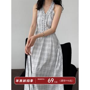鹿西韩系格纹挂脖花边露背长裙夏季新款度假风收腰显瘦连衣裙2680