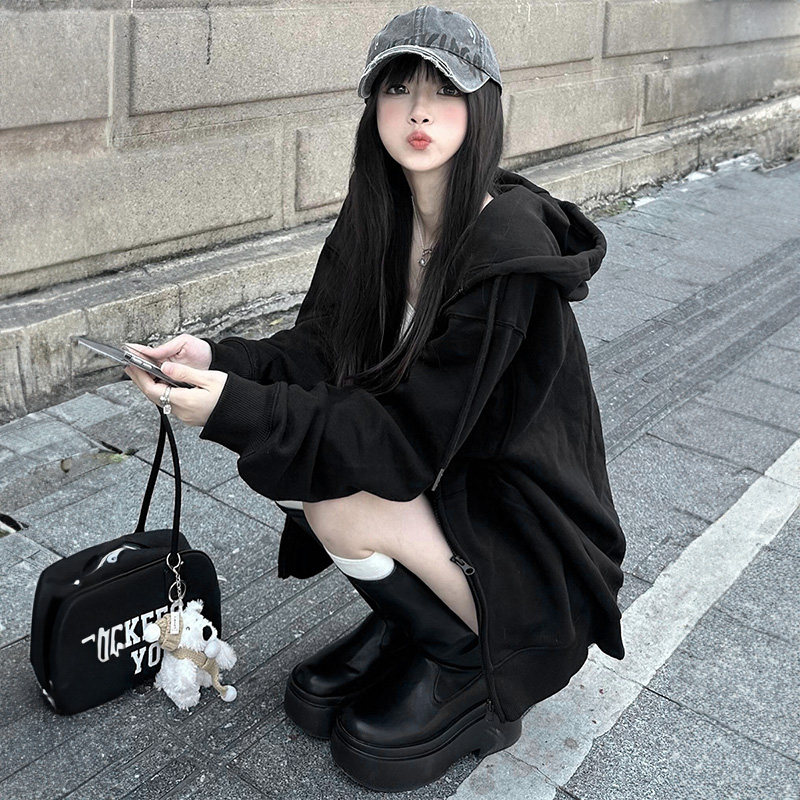 TP黑色连帽卫衣秋季外套女宽松新款韩系女装拉链开衫慵懒风上衣