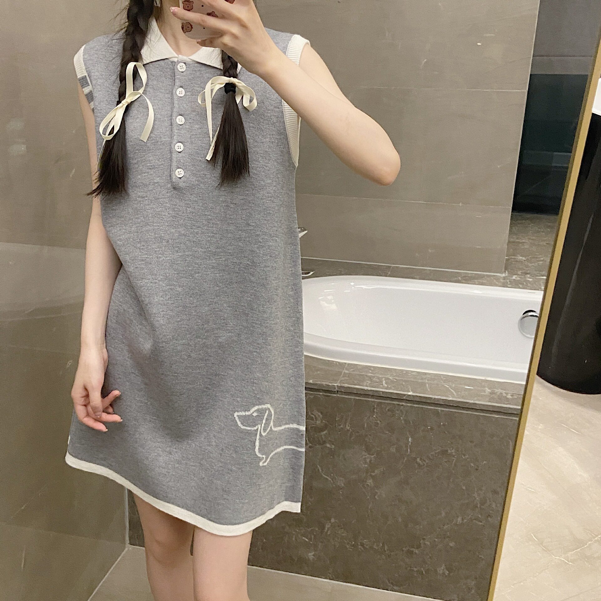tb蕾丝学院风polo领羊毛针织背心连衣裙女早春款温柔显瘦无袖裙子