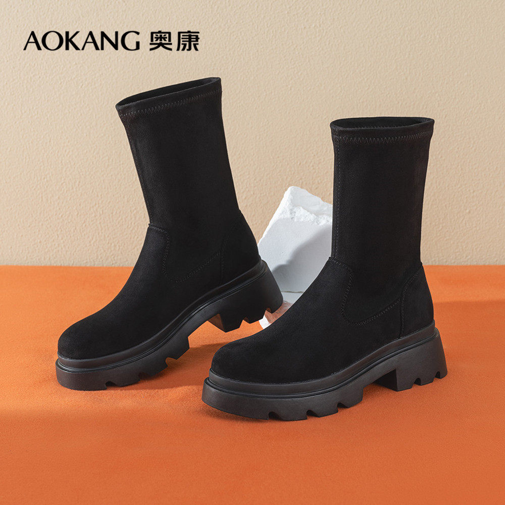 特价奥康女鞋秋冬季弹力短靴瘦瘦靴百搭气质中筒时装靴子厚底潮鞋