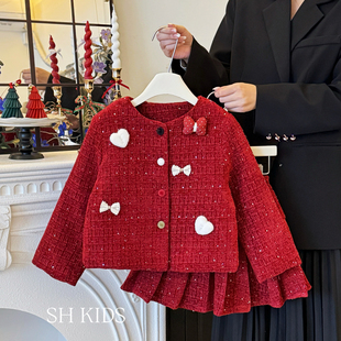 女童小香风套装冬款儿童富家千金风两件套洋气红色新年外套半身裙