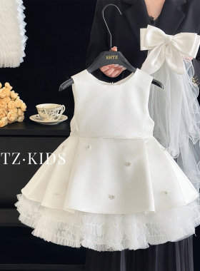 女童白色蓬蓬裙夏款童装宝宝party小礼裙高端儿童生日礼服公主裙