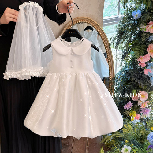 女童夏季白色洋气生日礼服花苞裙