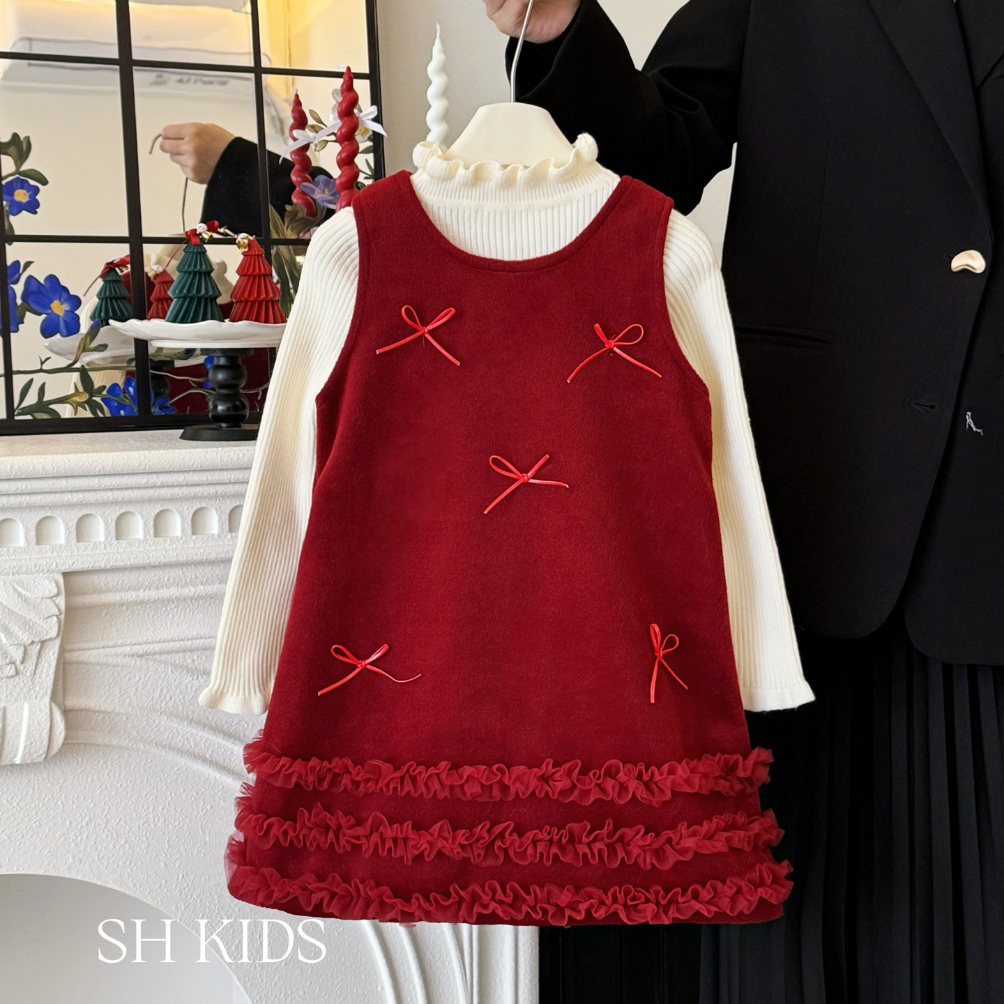 女童冬季加绒蝴蝶结新年背心裙