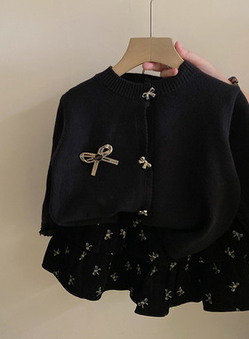 韩国童装女童套装裙春秋2025新款儿童洋气黑色针织毛衣外套半身裙